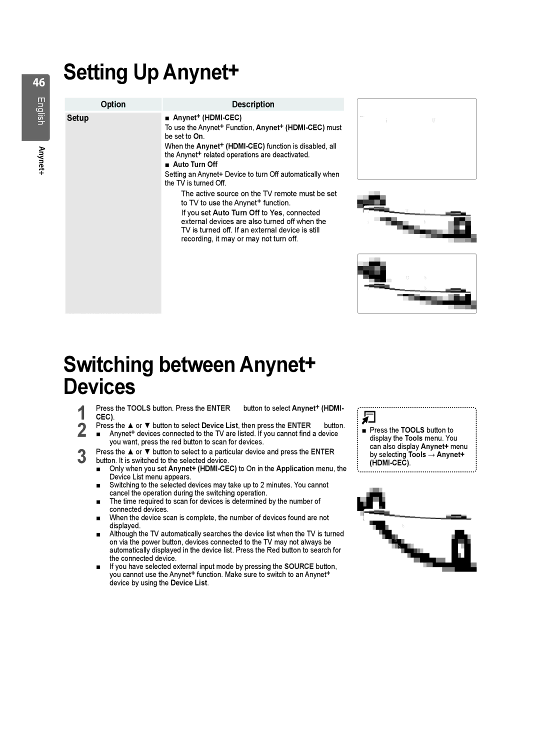 Samsung UE37B6000VWXXC, UE37B6000VWXXH Setting Up Anynet+, Switching between Anynet+ Devices, Option Description, Setup 