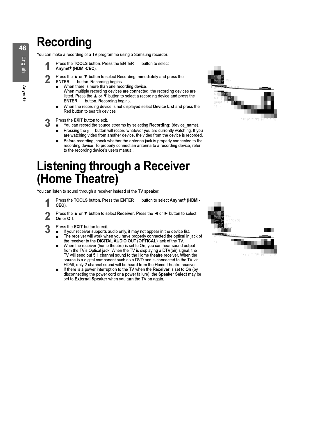 Samsung UE37B6000VWXXC, UE37B6000VWXXH manual Recording, Listening through a Receiver Home Theatre, On or Off 