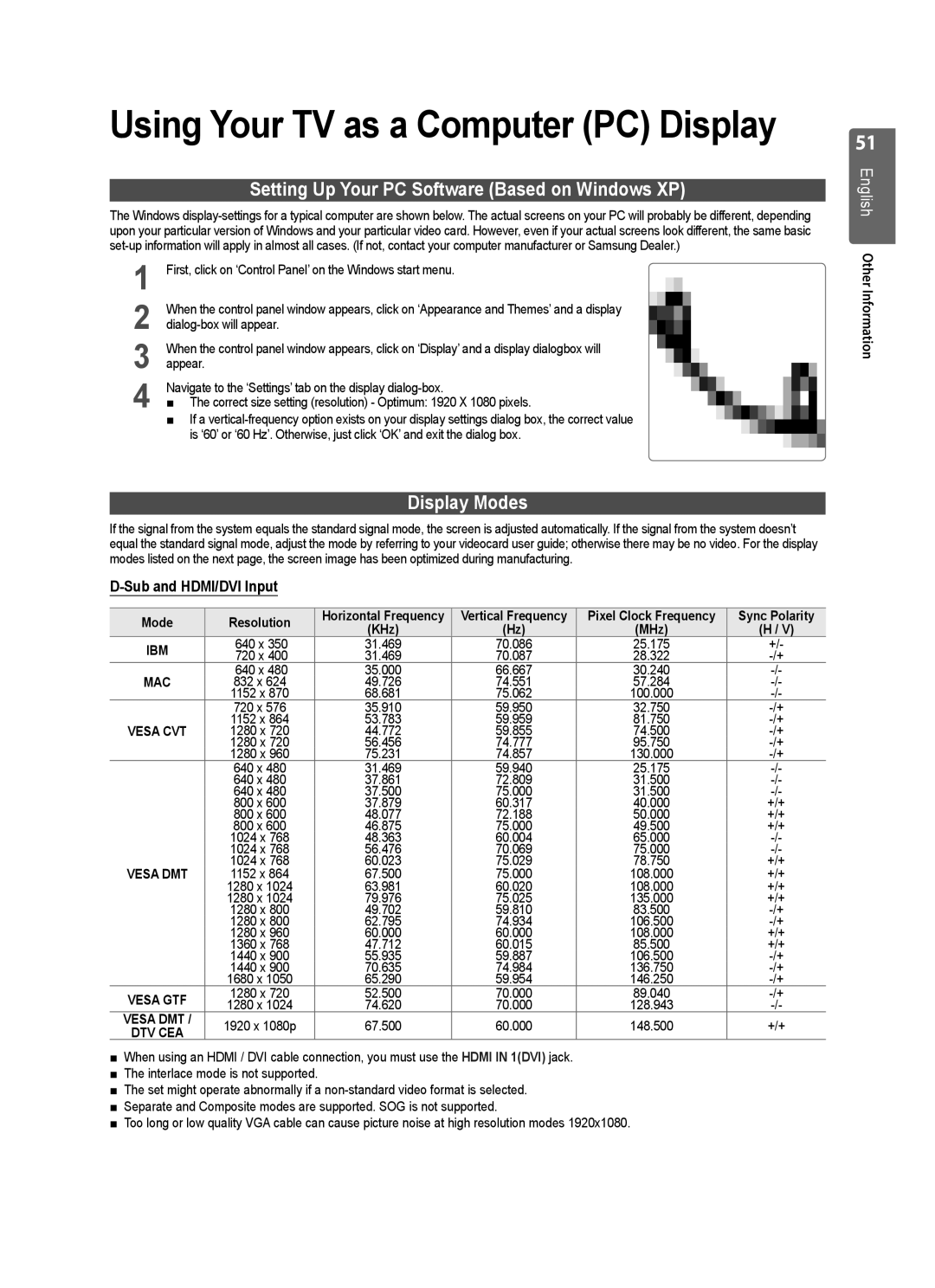 Samsung UE37B6000VWXXH manual Setting Up Your PC Software Based on Windows XP, Display Modes, Sub and HDMI/DVI Input 