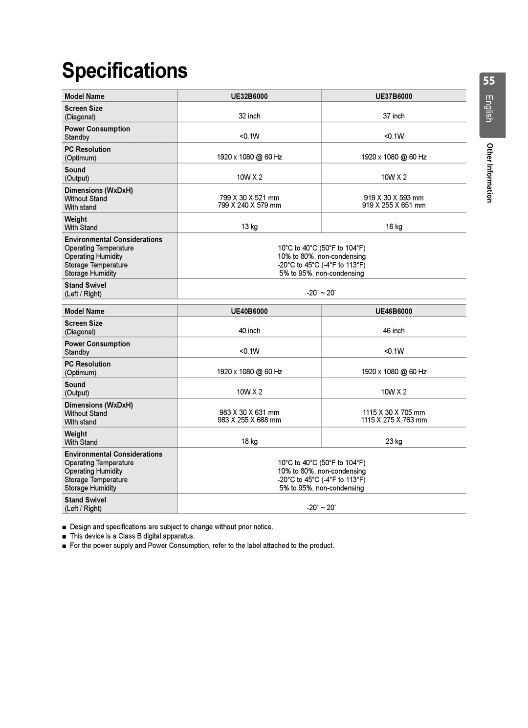 Samsung UE37B6000VWXXH, UE37B6000VWXXC manual Specifications 