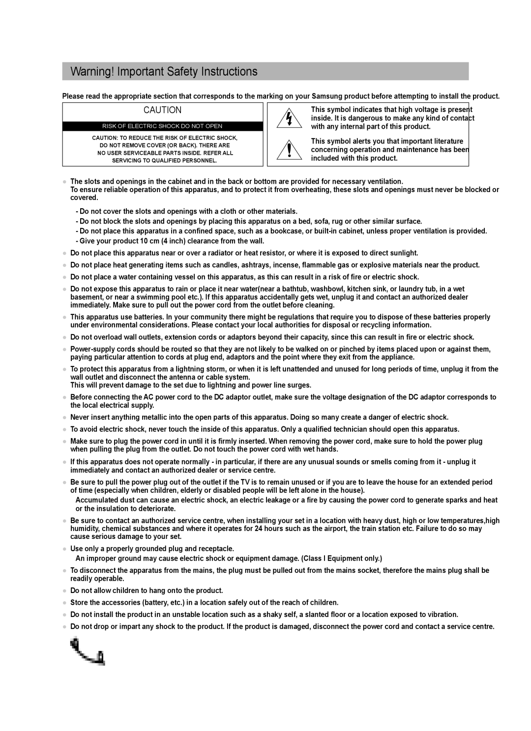 Samsung UE37B6000VWXXC, UE37B6000VWXXH manual Risk of Electric Shock do not Open 