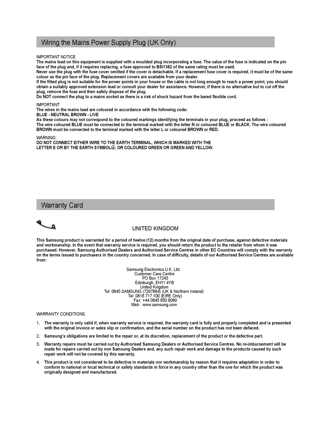Samsung UE37B6000VWXXH, UE37B6000VWXXC manual Wiring the Mains Power Supply Plug UK Only 
