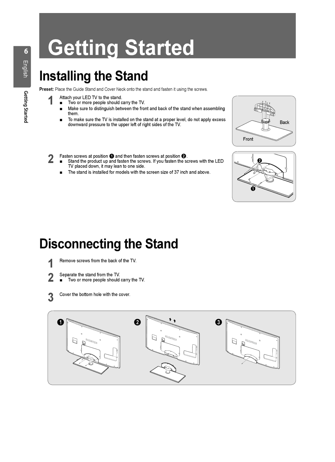 Samsung UE37B6000VWXXC, UE37B6000VWXXH manual Installing the Stand, Disconnecting the Stand, Getting Started, Them 