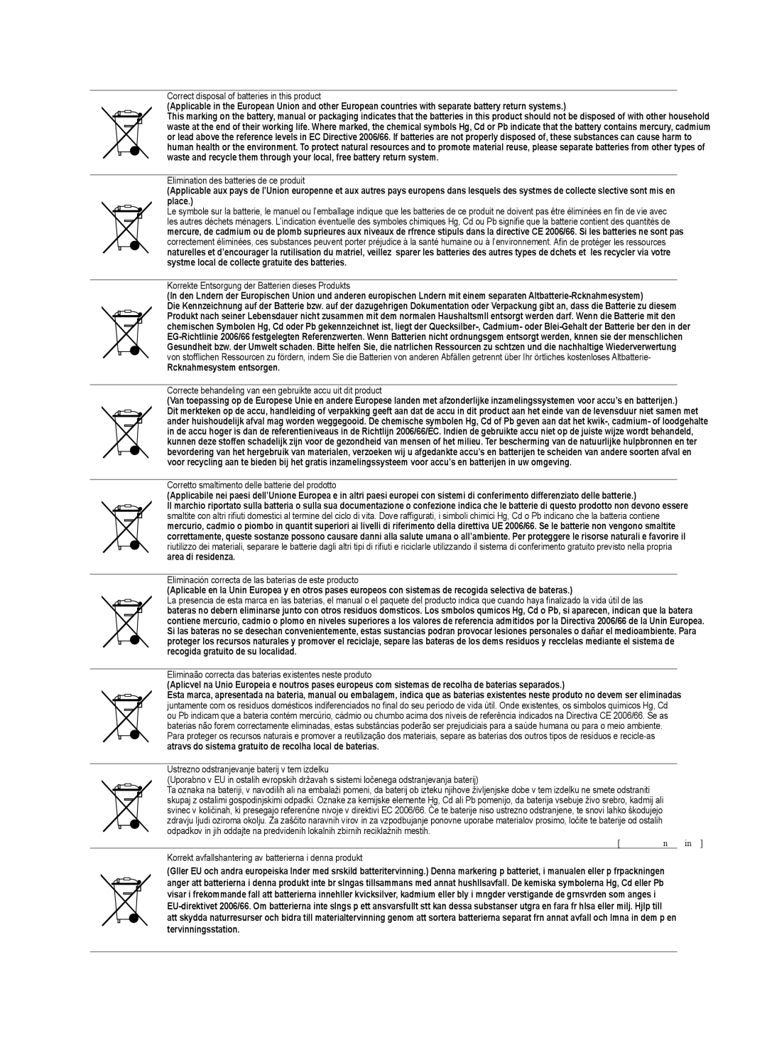 Samsung UE37B6000VWXXH, UE37B6000VWXXC manual Correct disposal of batteries in this product 