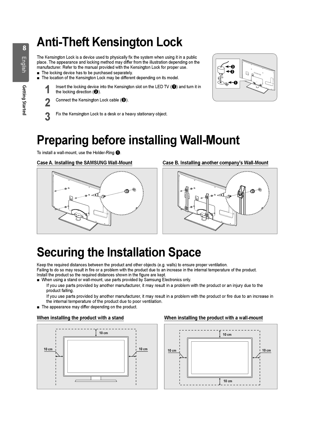 Samsung UE37B6000VWXXC Anti-Theft Kensington Lock, Preparing before installing Wall-Mount, Securing the Installation Space 