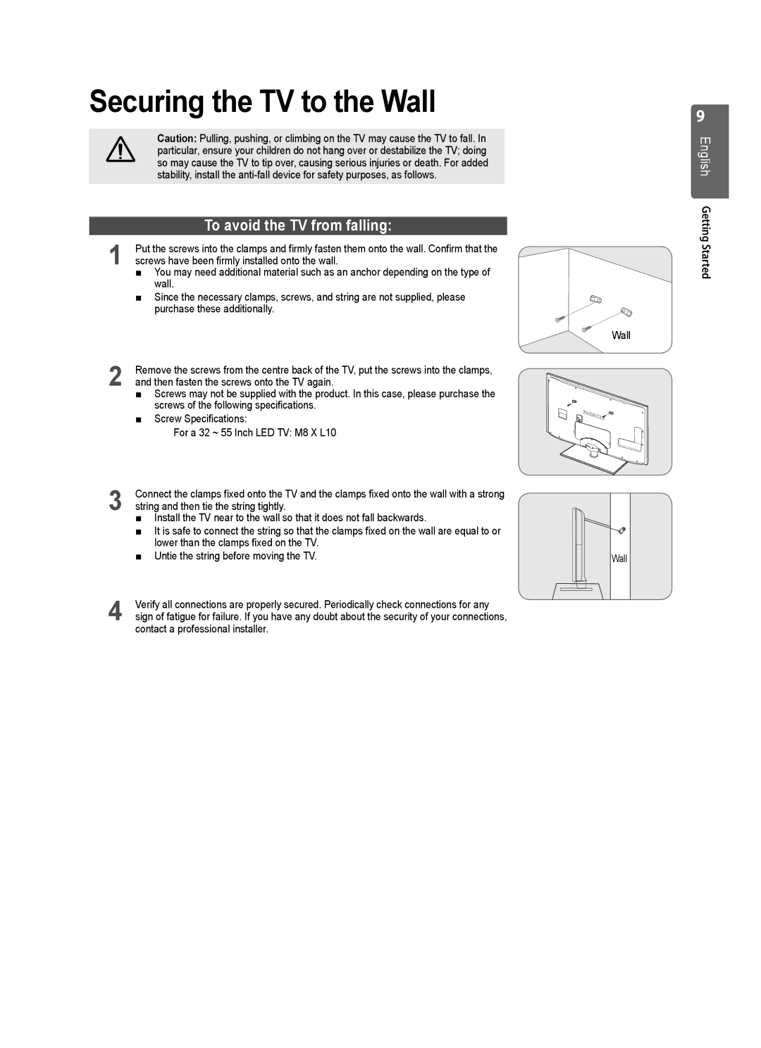 Samsung UE37B6000VWXXH, UE37B6000VWXXC manual Securing the TV to the Wall, To avoid the TV from falling 