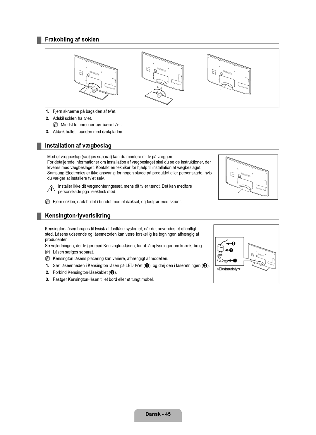 Samsung UE37B6050VWXXE manual Frakobling af soklen, Installation af vægbeslag, Kensington-tyverisikring 