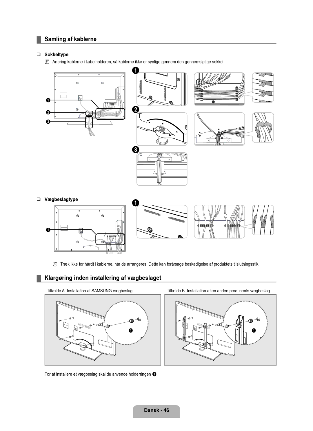 Samsung UE37B6050VWXXE manual Samling af kablerne, Klargøring inden installering af vægbeslaget, Sokkeltype, Vægbeslagtype 