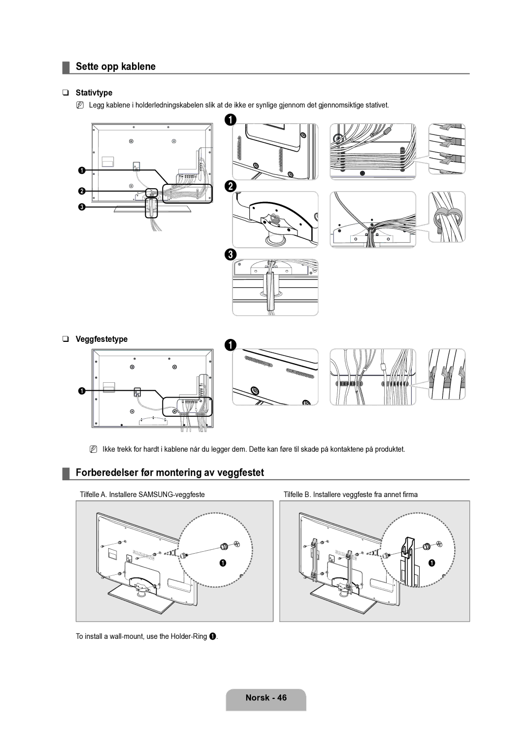 Samsung UE37B6050VWXXE manual Sette opp kablene, Forberedelser før montering av veggfestet, Stativtype, Veggfestetype 