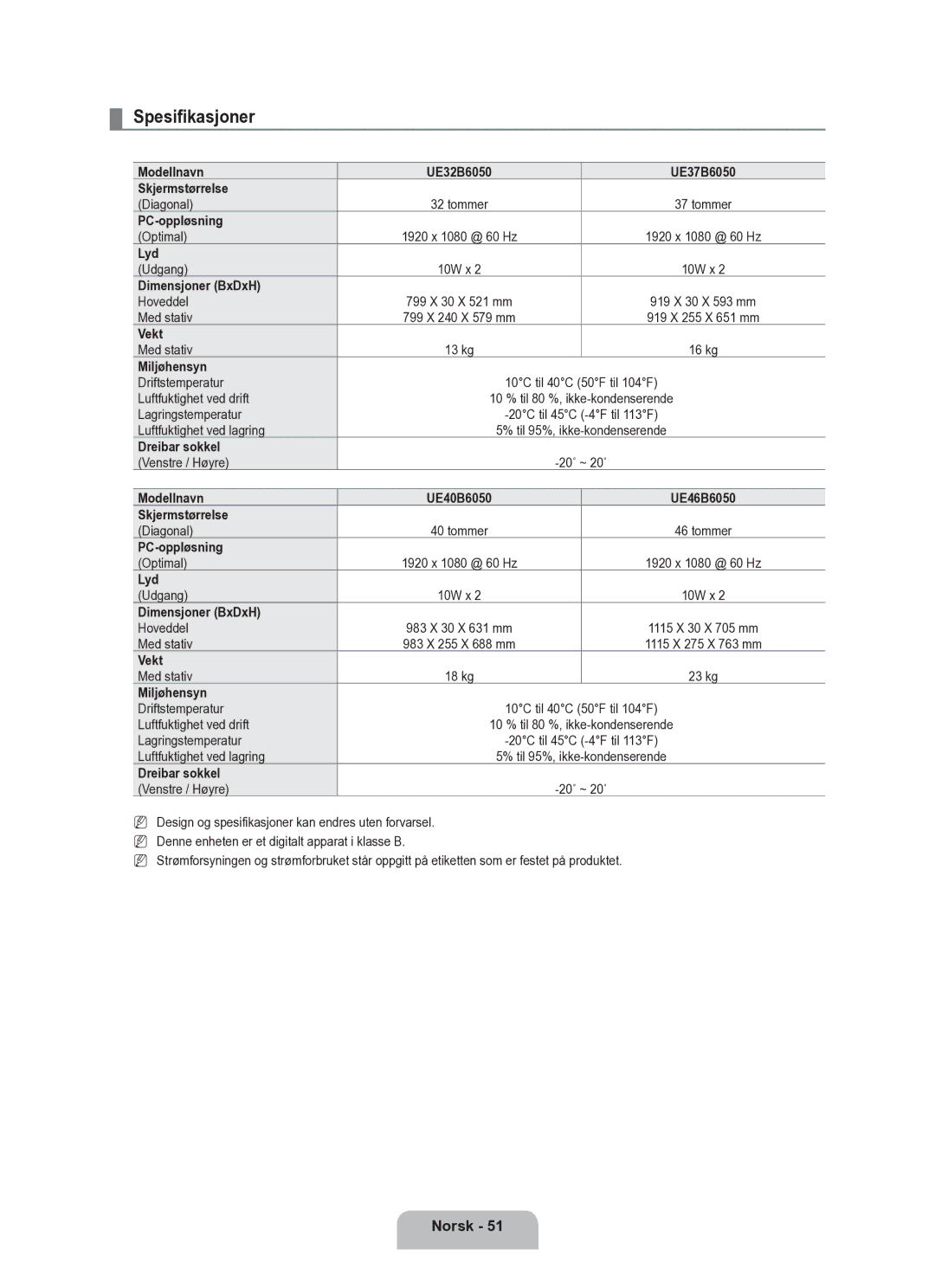 Samsung UE37B6050VWXXE manual Spesifikasjoner 