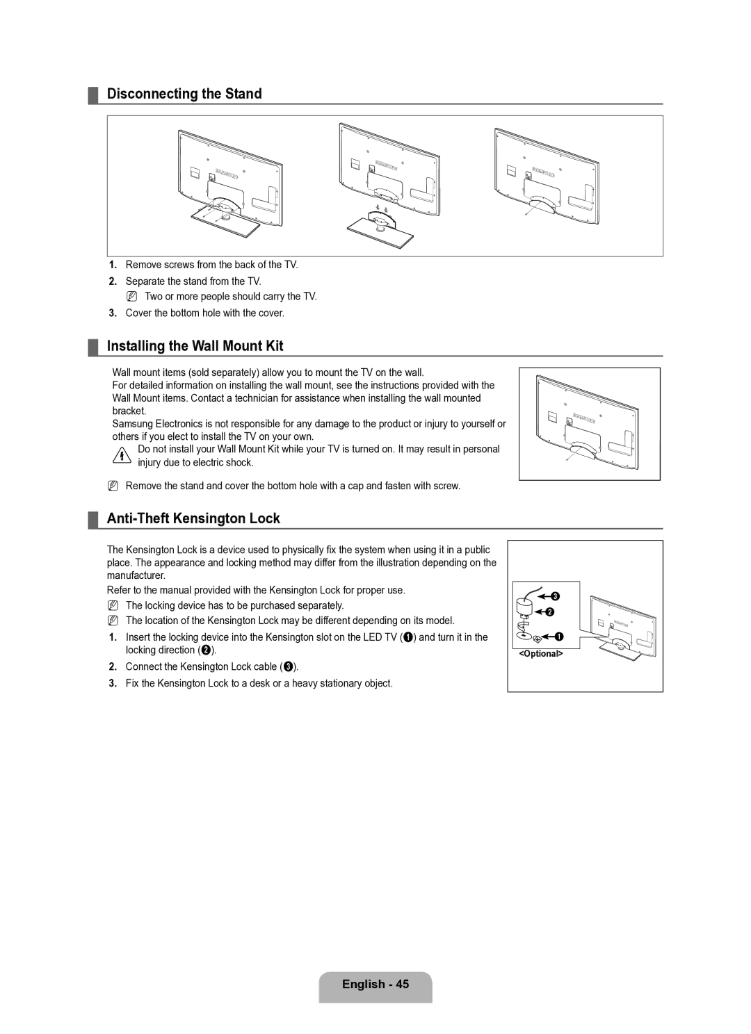 Samsung UE37B6050VWXXE manual Disconnecting the Stand, Installing the Wall Mount Kit, Anti-Theft Kensington Lock 