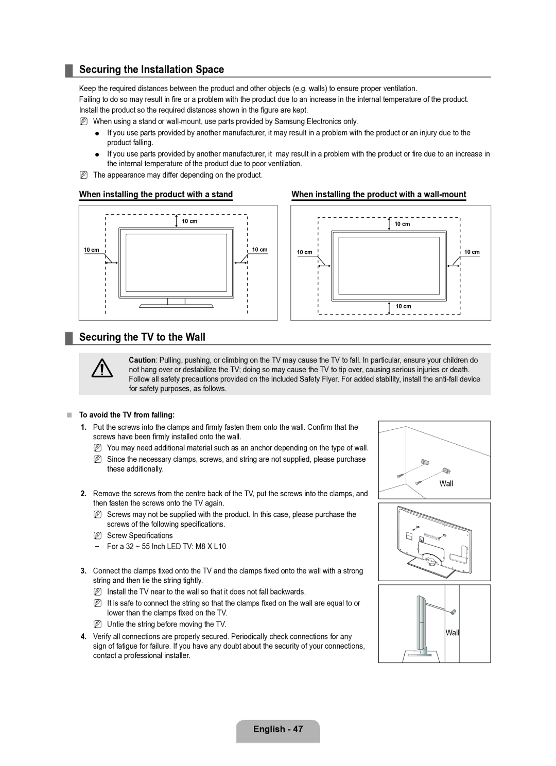 Samsung UE37B6050VWXXE manual Securing the Installation Space, Securing the TV to the Wall, English 4 