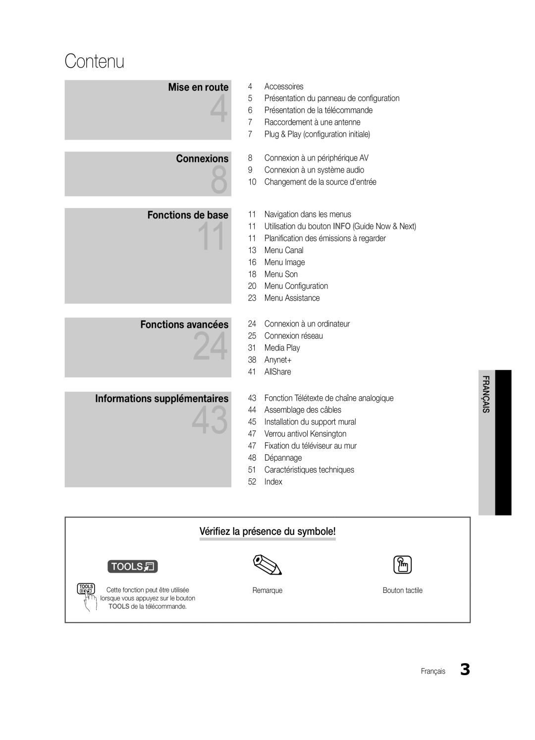 Samsung UE40C5700QSXZG, UE37C5700QSXZG, UE32C5700QSXZG, UE46C5700QSXZG Contenu, Vérifiez la présence du symbole, Remarque 