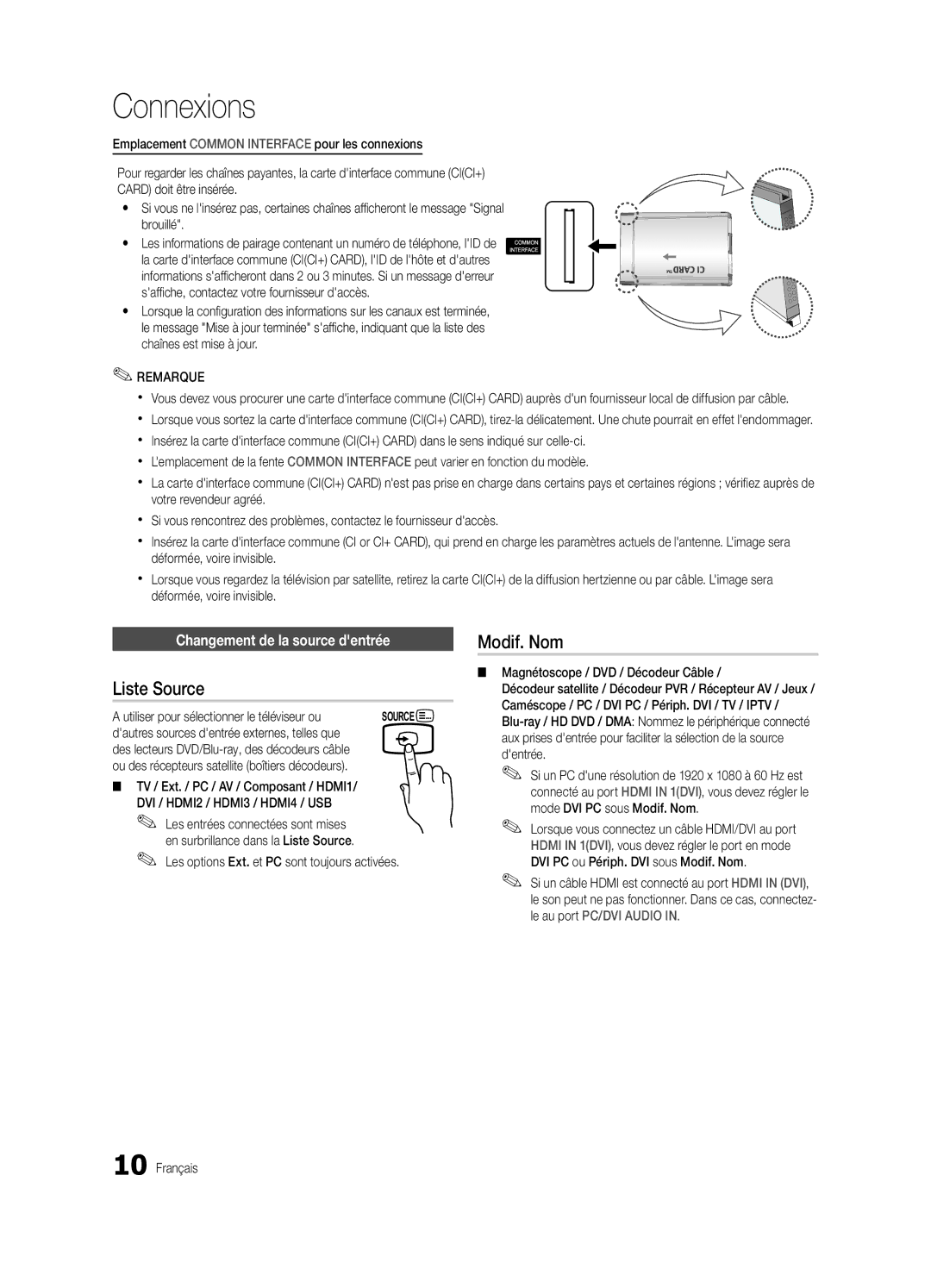 Samsung UE46C5800QKXXU, UE37C5700QSXZG, UE32C5700QSXZG manual Liste Source, Modif. Nom, Changement de la source dentrée 