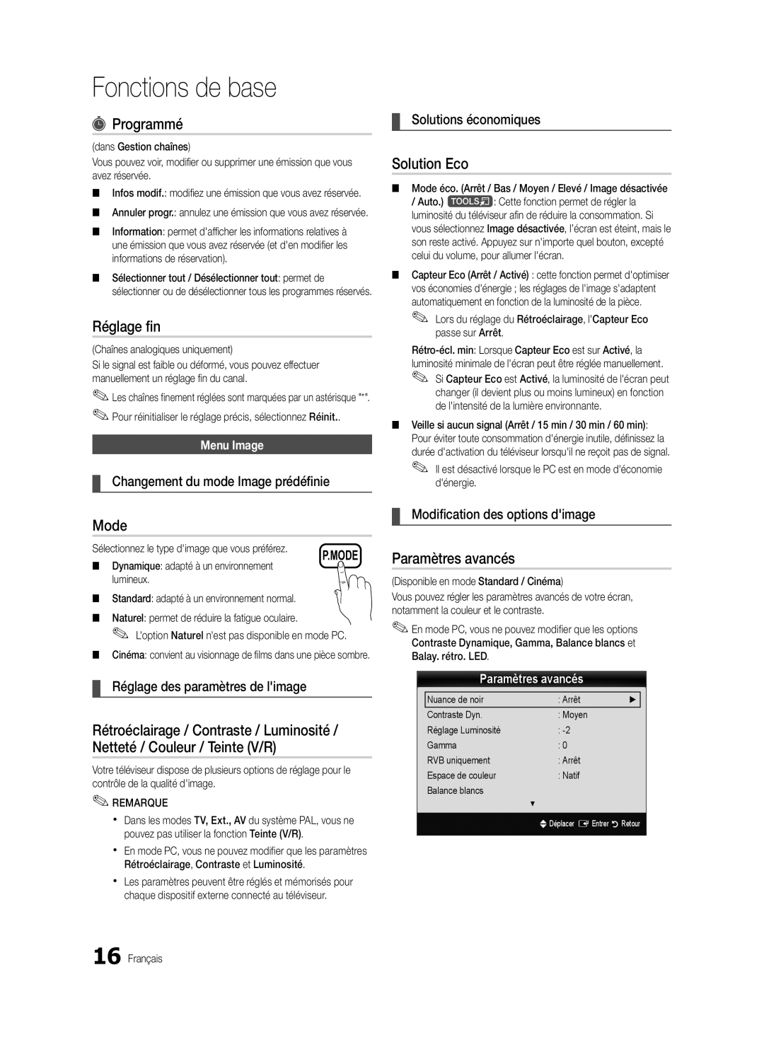 Samsung UE37C5700QSXZG, UE32C5700QSXZG, UE40C5700QSXZG manual Programmé, Réglage fin, Solution Eco, Paramètres avancés 