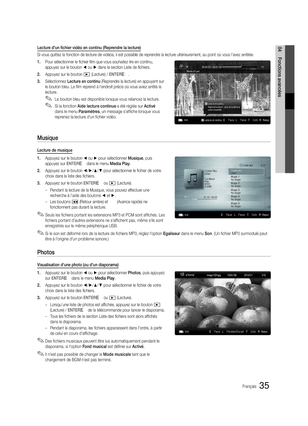 Samsung UE46C5800QKXXU, UE37C5700QSXZG, UE32C5700QSXZG, UE40C5700QSXZG, UE46C5700QSXZG manual Musique 