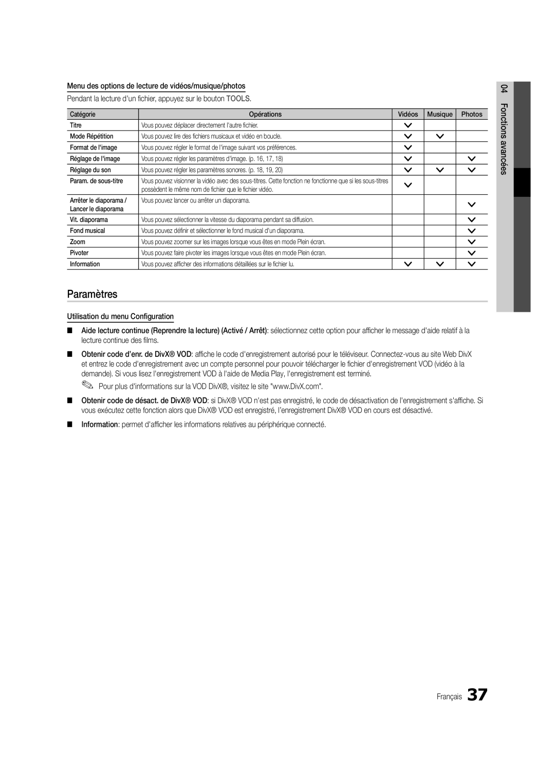 Samsung UE32C5700QSXZG, UE37C5700QSXZG, UE40C5700QSXZG, UE46C5700QSXZG, UE46C5800QKXXU manual Paramètres 