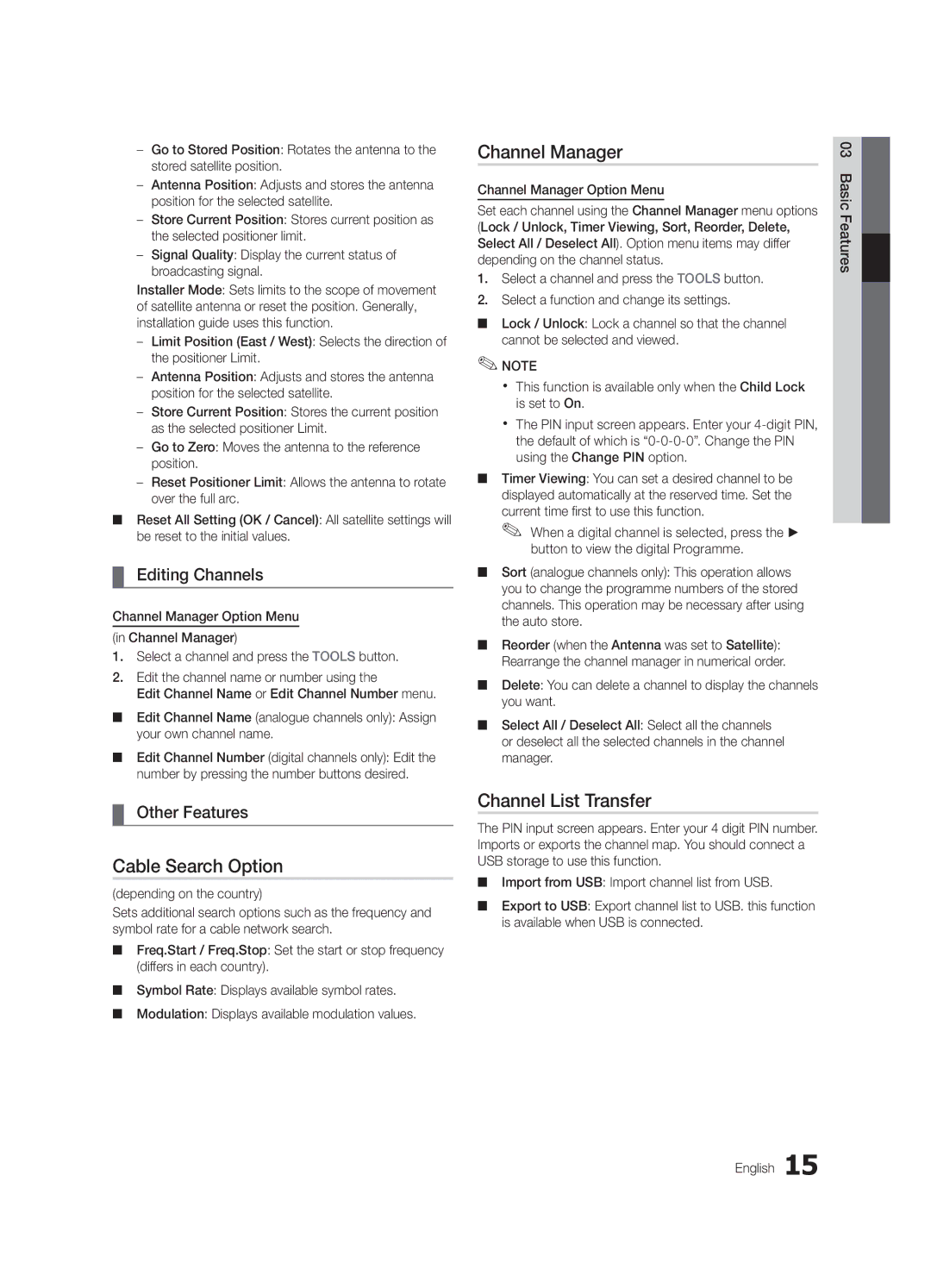 Samsung UE37C5700QSXZG, UE32C5700QSXZG manual Cable Search Option, Channel List Transfer, Editing Channels, Other Features 