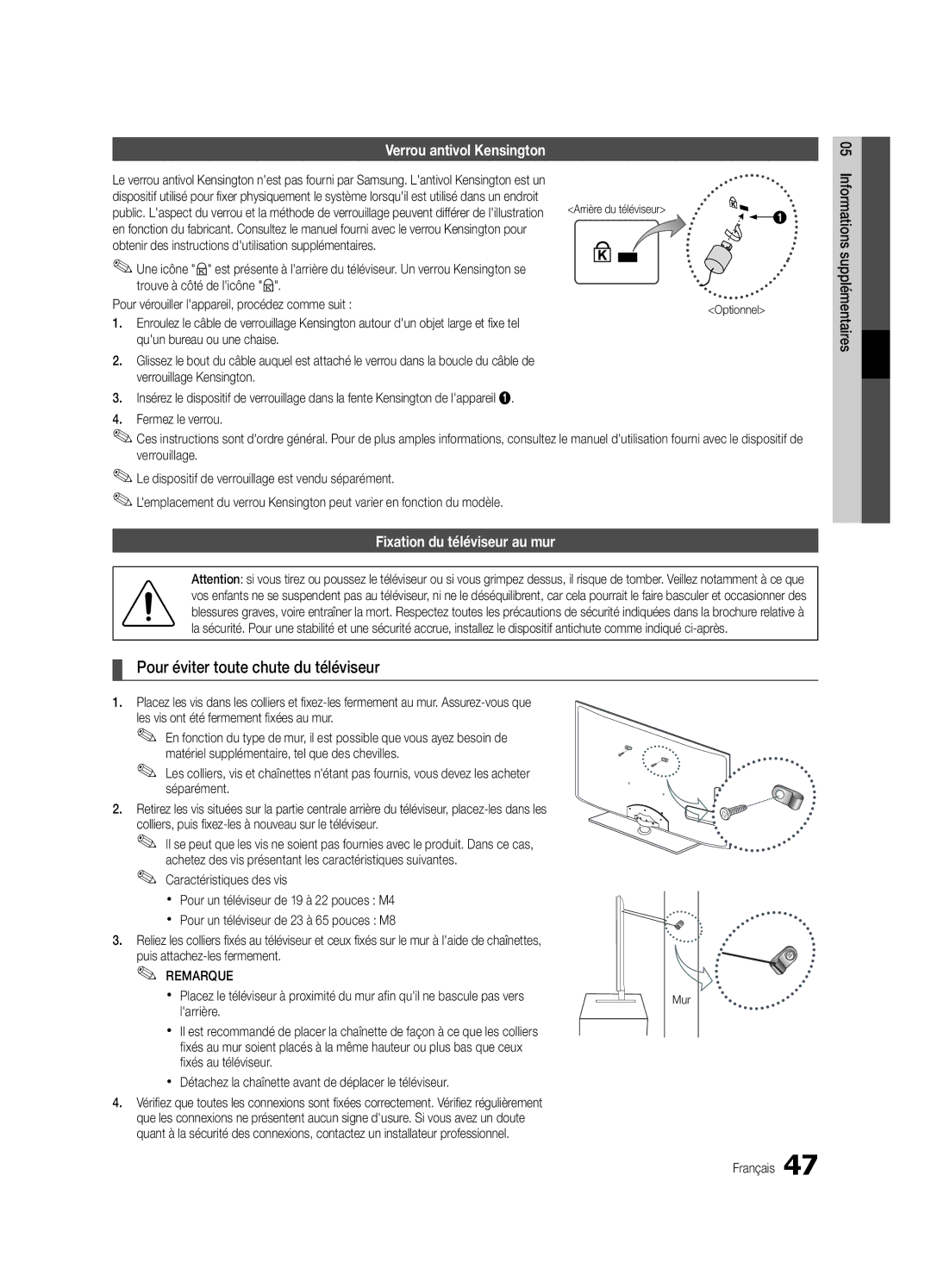 Samsung UE32C5700QSXZG Pour éviter toute chute du téléviseur, Verrou antivol Kensington, Fixation du téléviseur au mur 