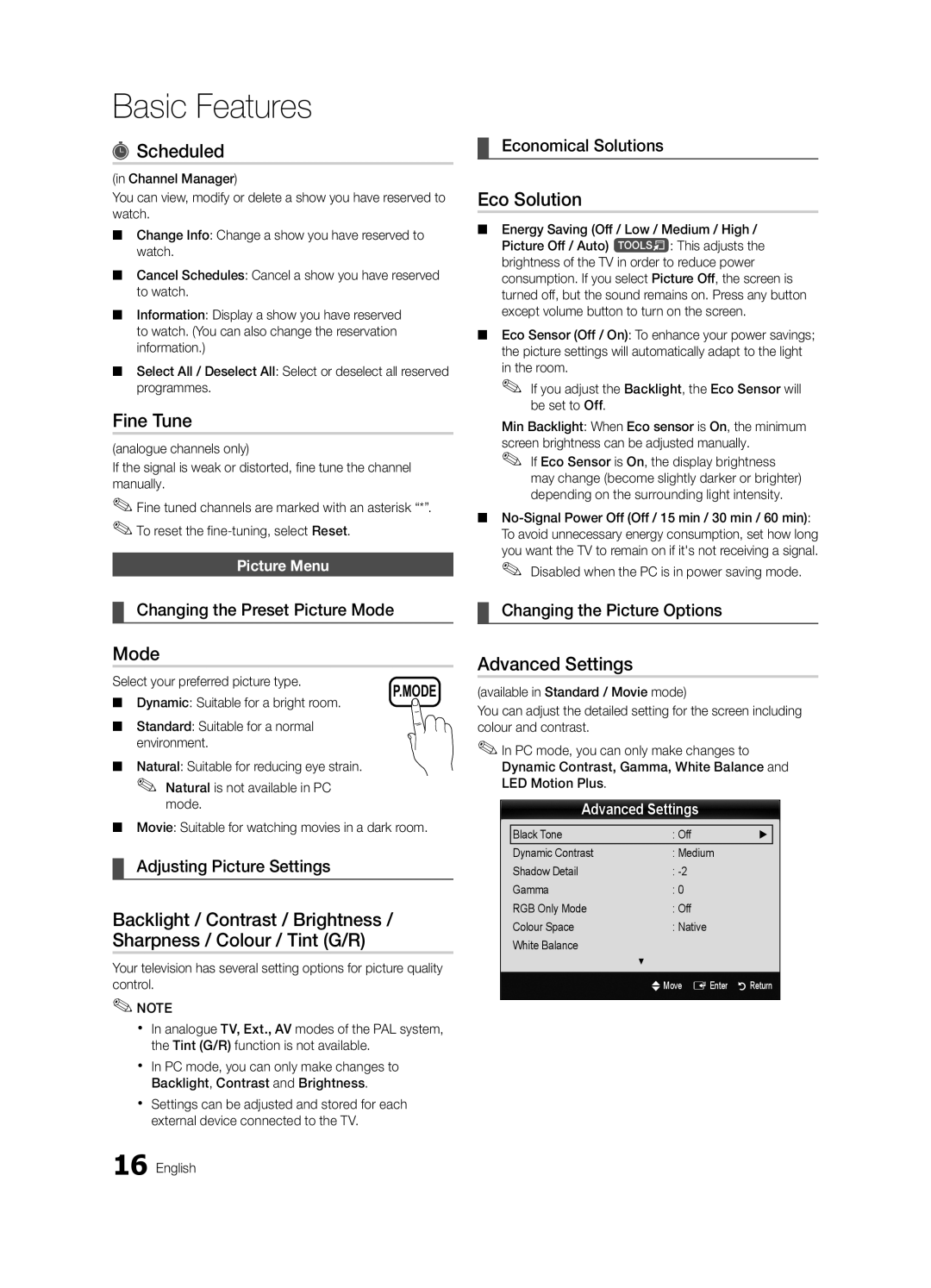 Samsung UE32C5700QSXZG, UE37C5700QSXZG, UE40C5700QSXZG manual Scheduled, Fine Tune, Eco Solution, Mode, Advanced Settings 