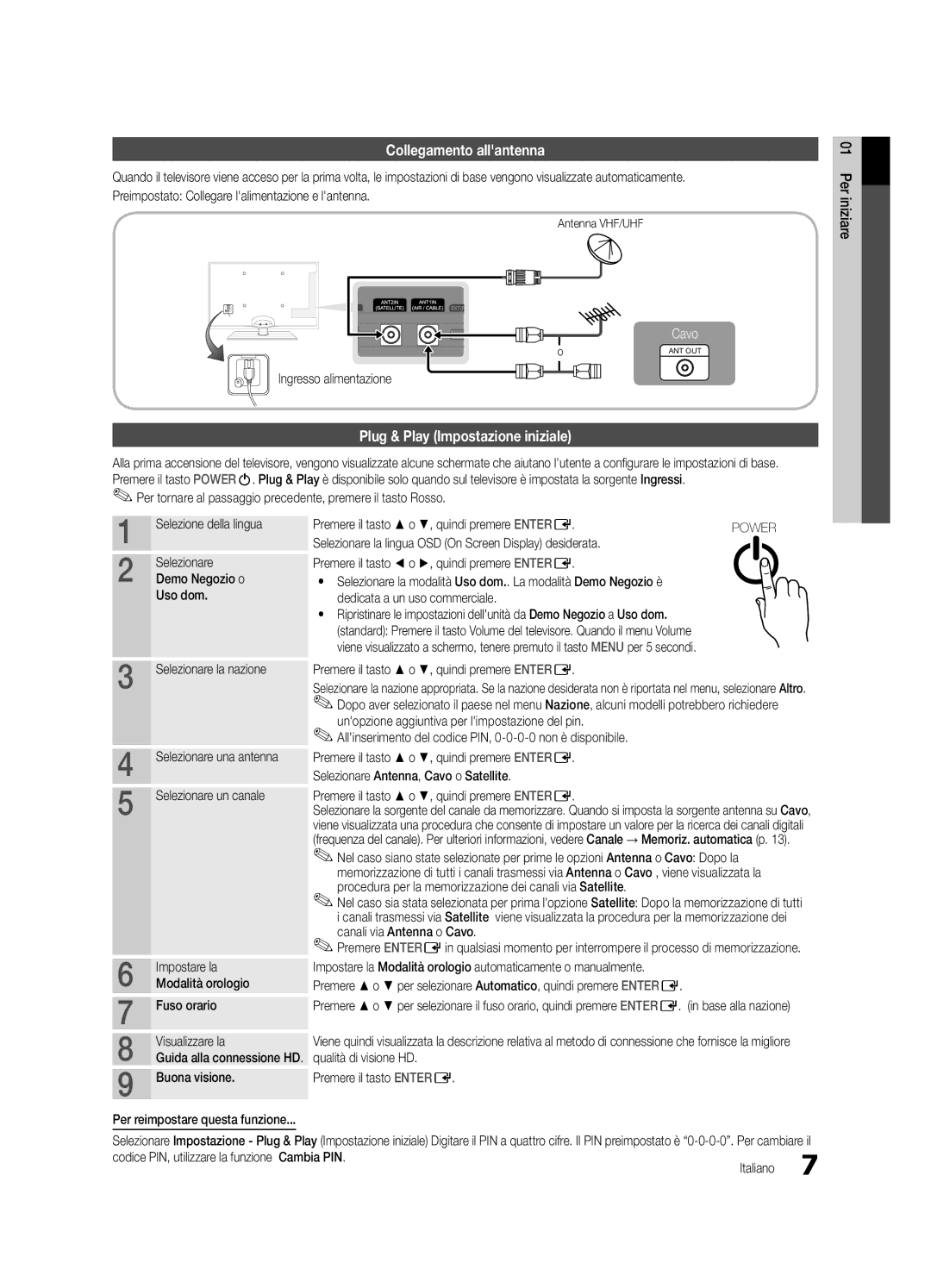 Samsung UE46C5700QSXZG, UE37C5700QSXZG, UE32C5700QSXZG manual Collegamento allantenna, Plug & Play Impostazione iniziale 