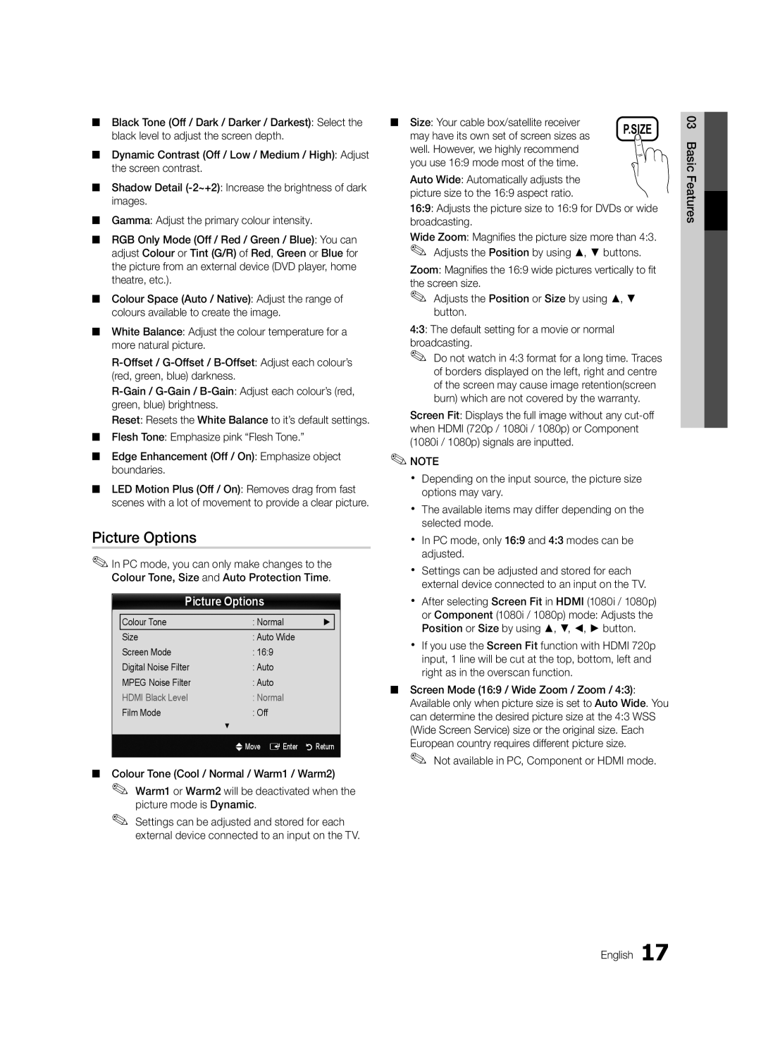 Samsung UE40C5700QSXZG Picture Options, Size Your cable box/satellite receiver, May have its own set of screen sizes as 