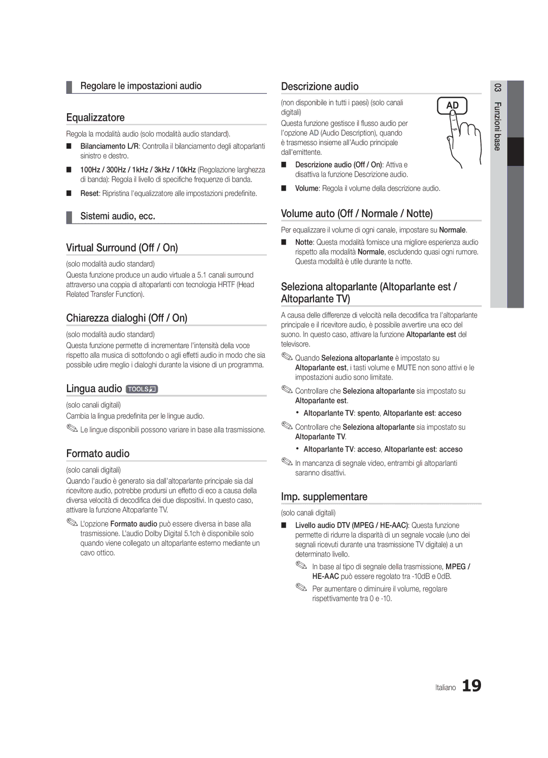 Samsung UE37C5700QSXZG manual Equalizzatore, Descrizione audio, Chiarezza dialoghi Off / On, Lingua audio t, Formato audio 