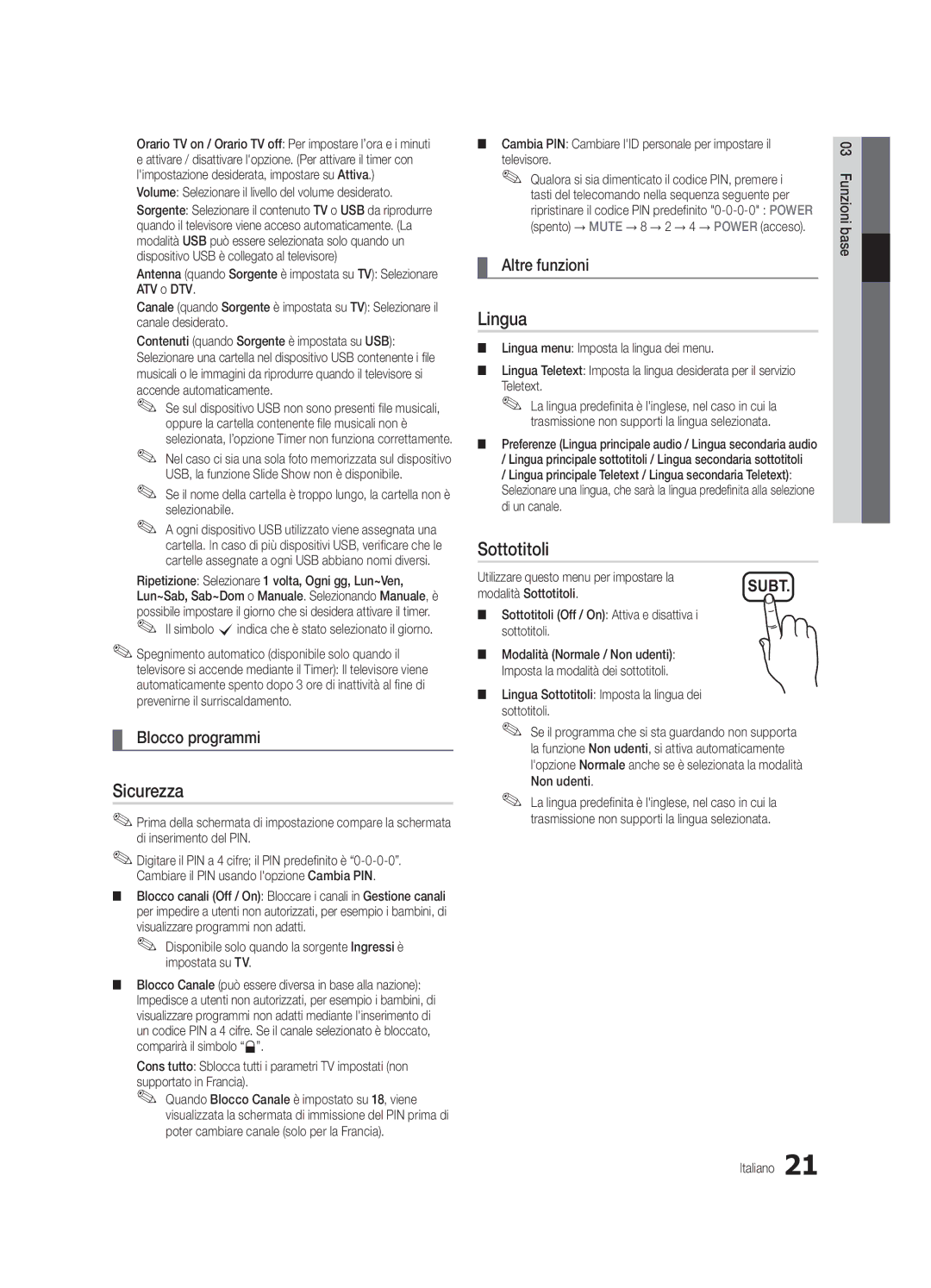 Samsung UE40C5700QSXZG, UE37C5700QSXZG, UE32C5700QSXZG, UE46C5700QSXZG manual Sicurezza, Lingua, Sottotitoli, Blocco programmi 