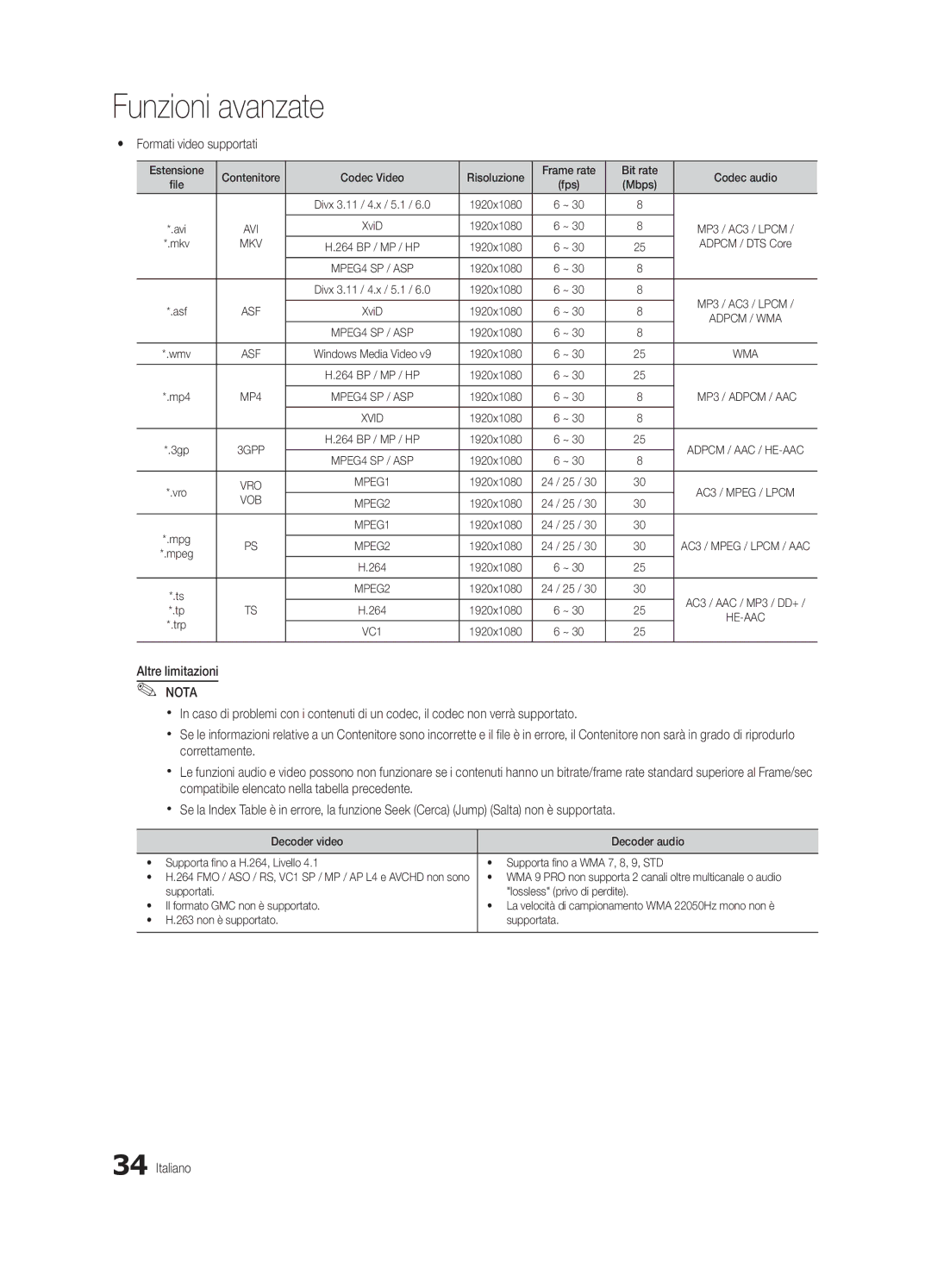 Samsung UE37C5700QSXZG, UE32C5700QSXZG, UE40C5700QSXZG, UE46C5700QSXZG Yy Formati video supportati, Altre limitazioni Nota 