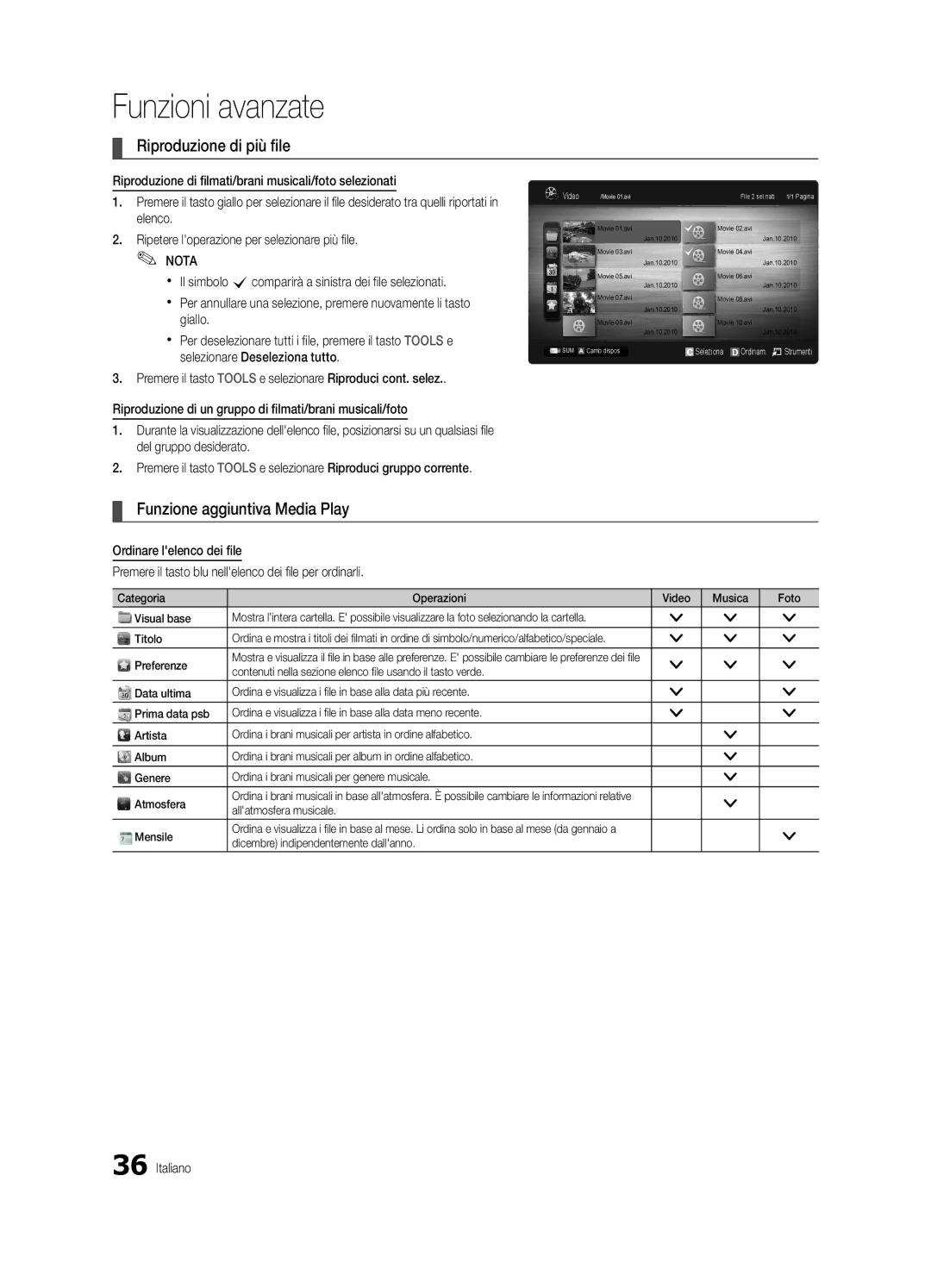 Samsung UE40C5700QSXZG Riproduzione di più file, Funzione aggiuntiva Media Play, Preferenze, Allatmosfera musicale Mensile 