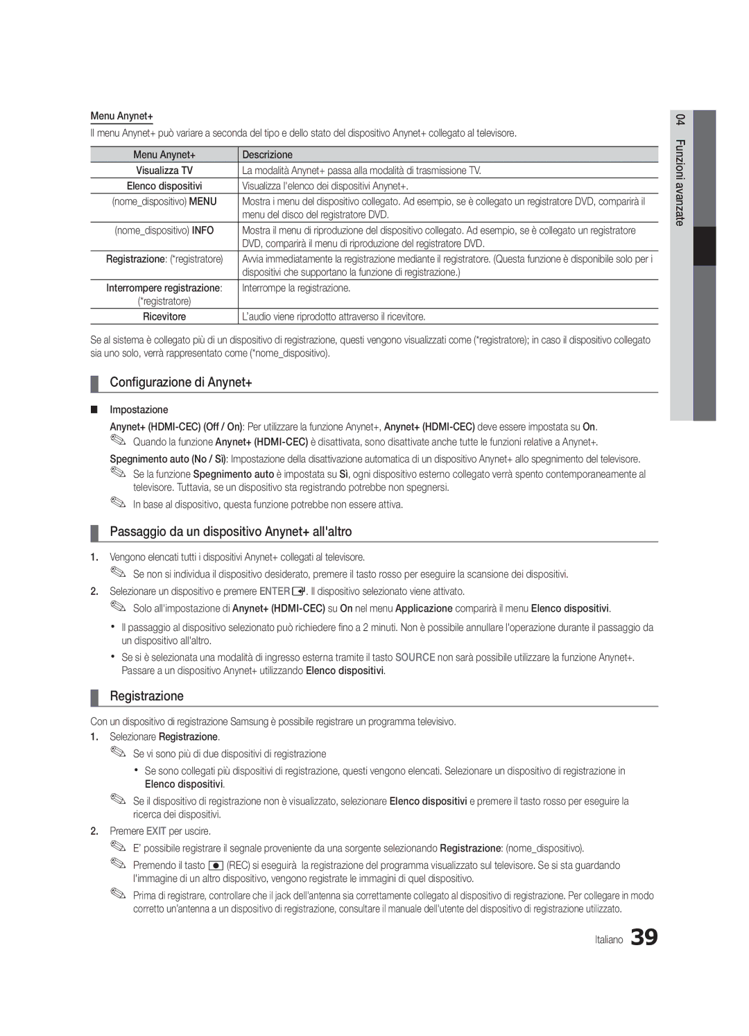 Samsung UE37C5700QSXZG manual Configurazione di Anynet+, Passaggio da un dispositivo Anynet+ allaltro, Registrazione 