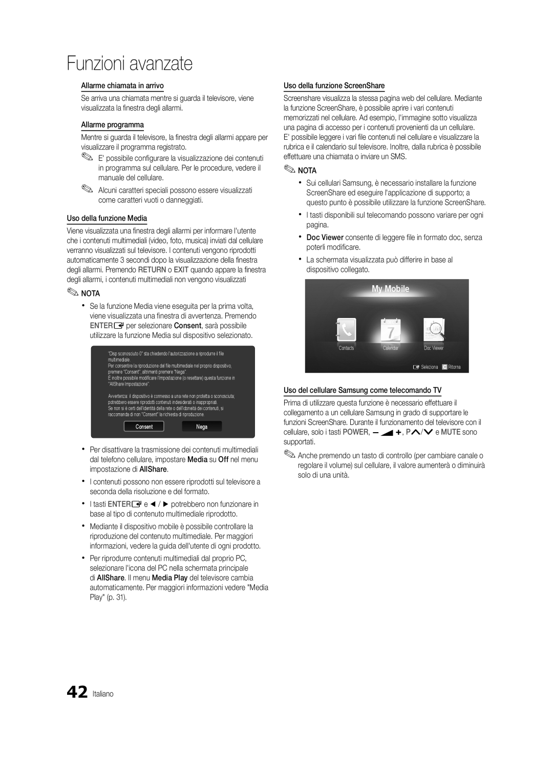 Samsung UE46C5700QSXZG, UE37C5700QSXZG manual Allarme chiamata in arrivo, Allarme programma, Uso della funzione Media 