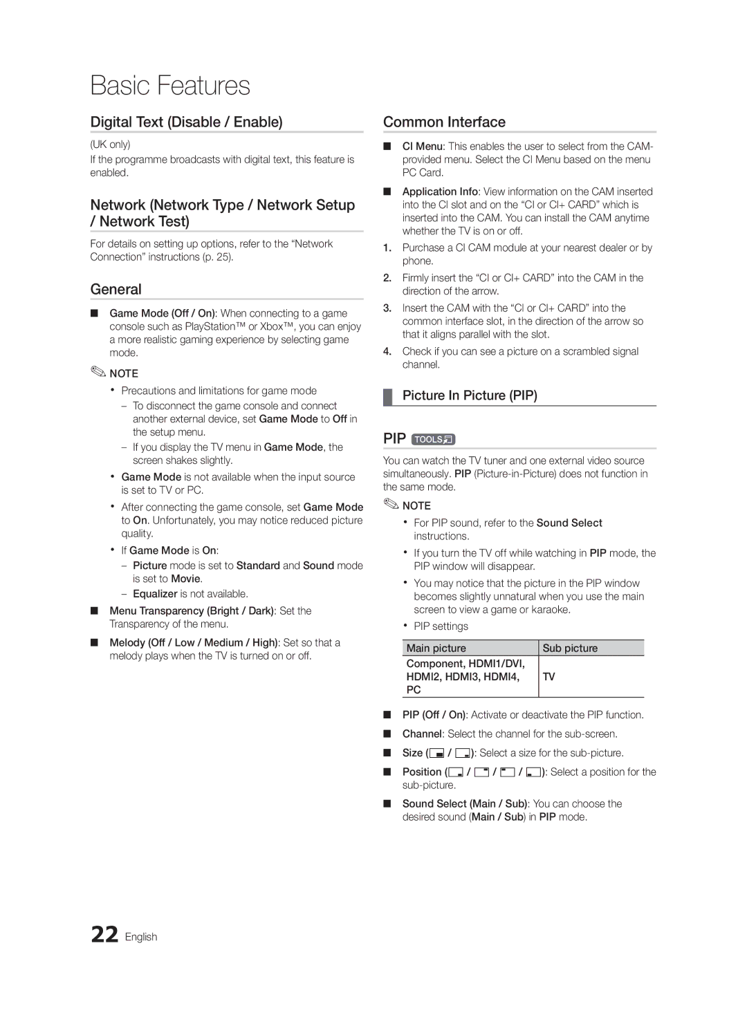 Samsung UE40C5700QSXZG Digital Text Disable / Enable, Network Network Type / Network Setup / Network Test, General, PIP t 