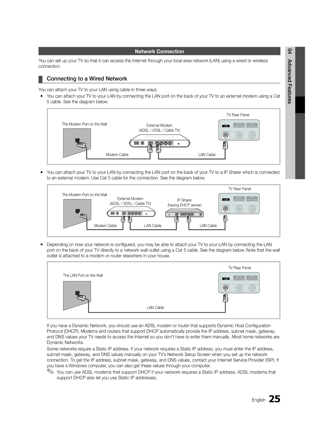 Samsung UE37C5700QSXZG Connecting to a Wired Network, Network Connection, Modem Port on the Wall, Modem Cable LAN Cable 