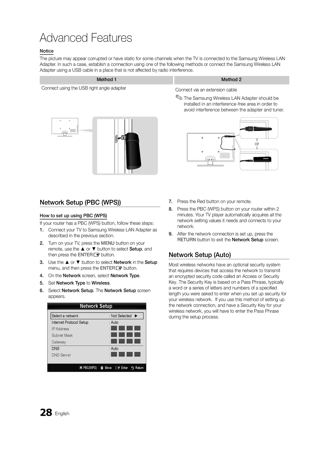 Samsung UE46C5700QSXZG, UE37C5700QSXZG, UE32C5700QSXZG manual Network Setup PBC WPS, Method Connect via an extension cable 