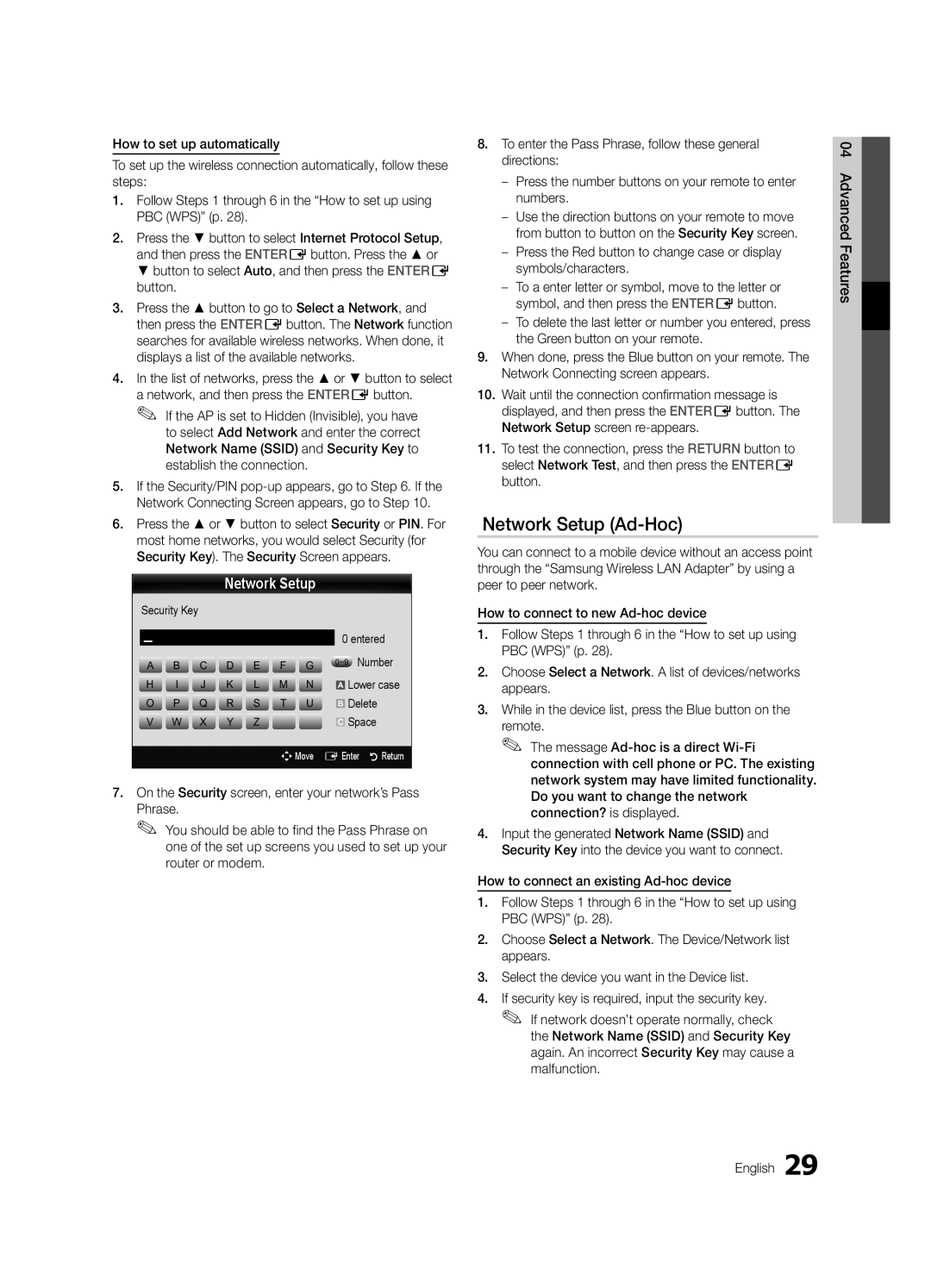 Samsung UE46C5800QKXXU, UE37C5700QSXZG, UE32C5700QSXZG manual Network Setup Ad-Hoc, Security Key Entered ~9 Number, Delete 