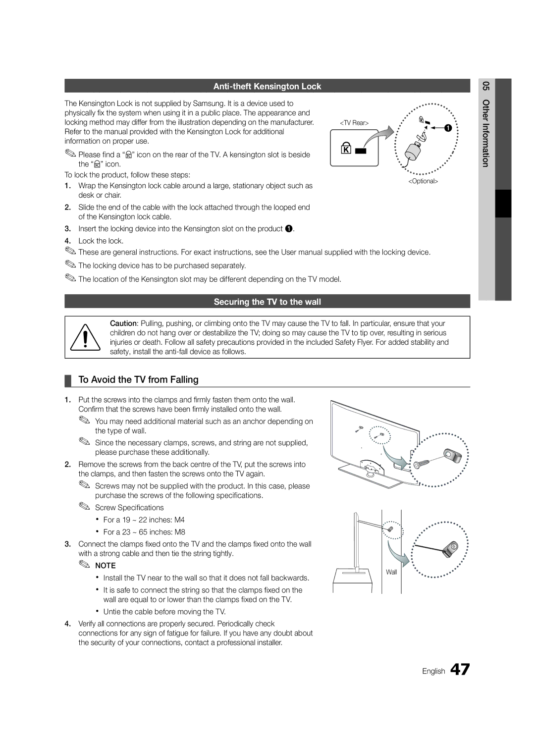 Samsung UE40C5700QSXZG manual To Avoid the TV from Falling, Anti-theft Kensington Lock, Securing the TV to the wall 