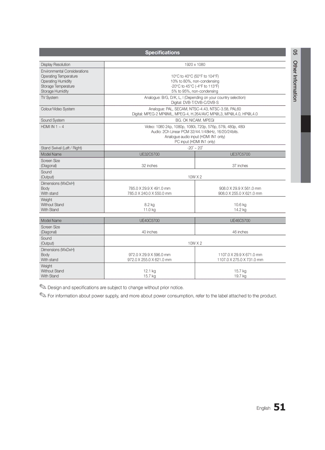 Samsung UE32C5700QSXZG, UE37C5700QSXZG, UE40C5700QSXZG, UE46C5700QSXZG, UE46C5800QKXXU manual Specifications 