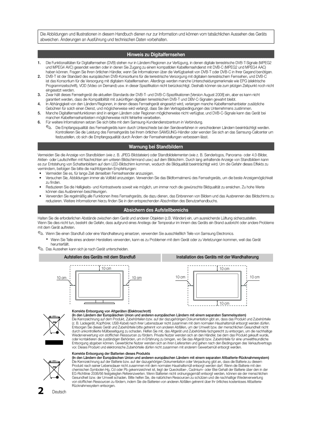 Samsung UE46C5800QKXXU manual Absichern des Aufstellbereichs, Deutsch, Korrekte Entsorgung der Batterien dieses Produkts 