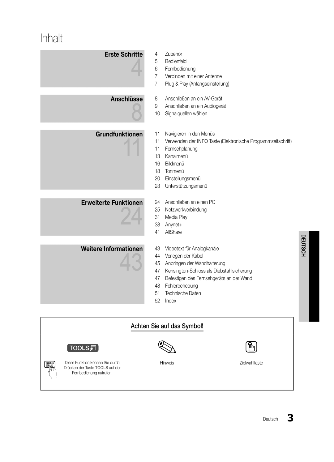 Samsung UE37C5700QSXZG, UE32C5700QSXZG, UE40C5700QSXZG, UE46C5700QSXZG manual Inhalt, Achten Sie auf das Symbol, Hinweis 