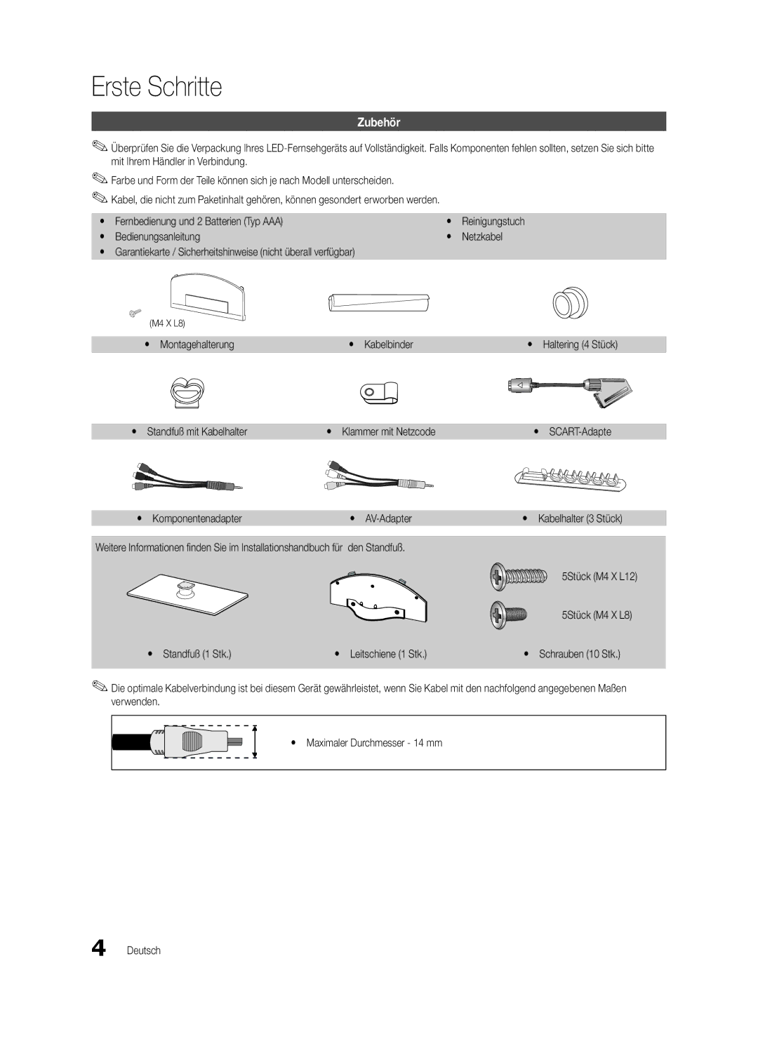 Samsung UE32C5700QSXZG, UE37C5700QSXZG, UE40C5700QSXZG, UE46C5700QSXZG, UE46C5800QKXXU manual Erste Schritte, Zubehör 