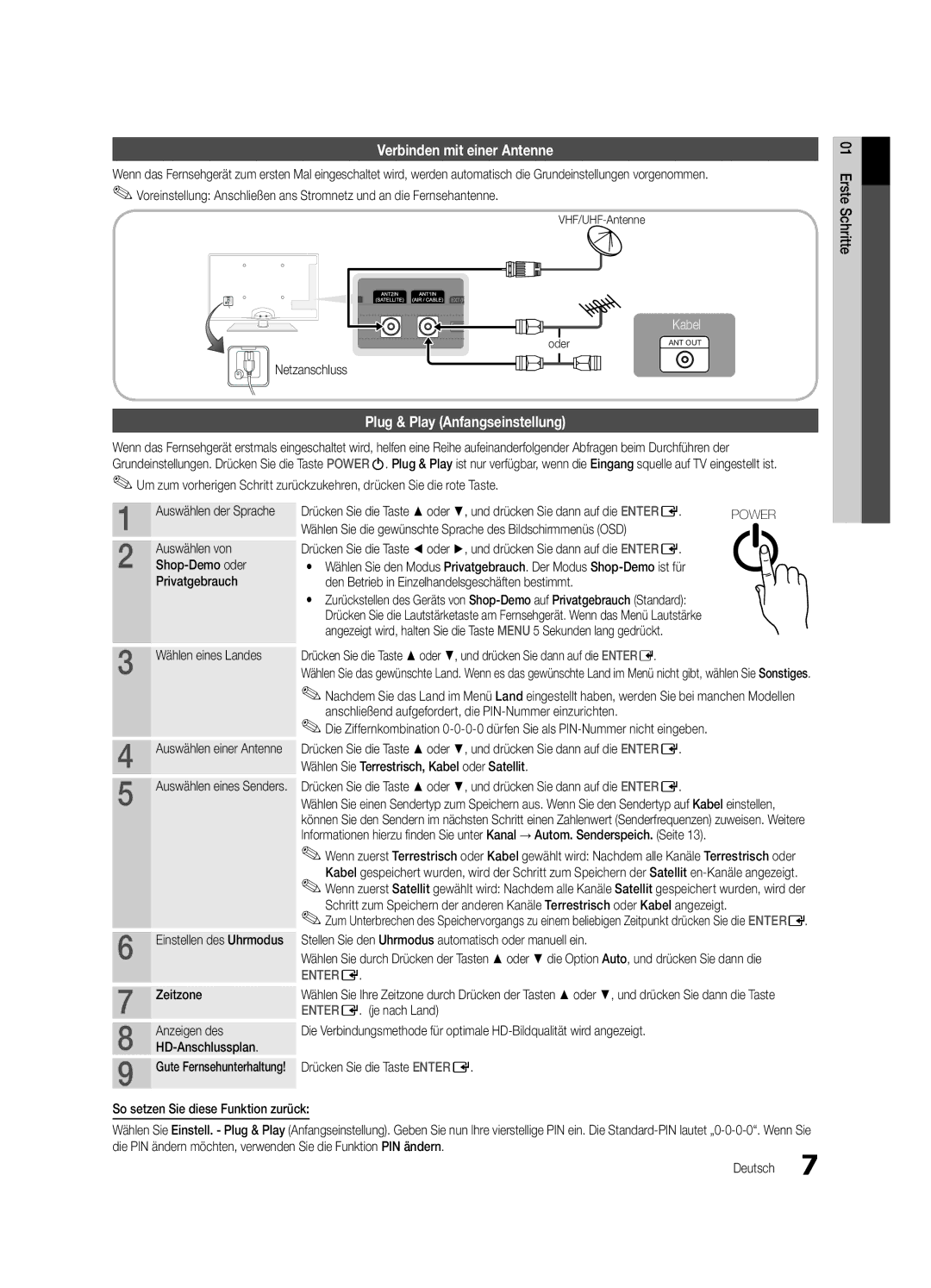 Samsung UE46C5800QKXXU, UE37C5700QSXZG manual Verbinden mit einer Antenne, Plug & Play Anfangseinstellung, Netzanschluss 