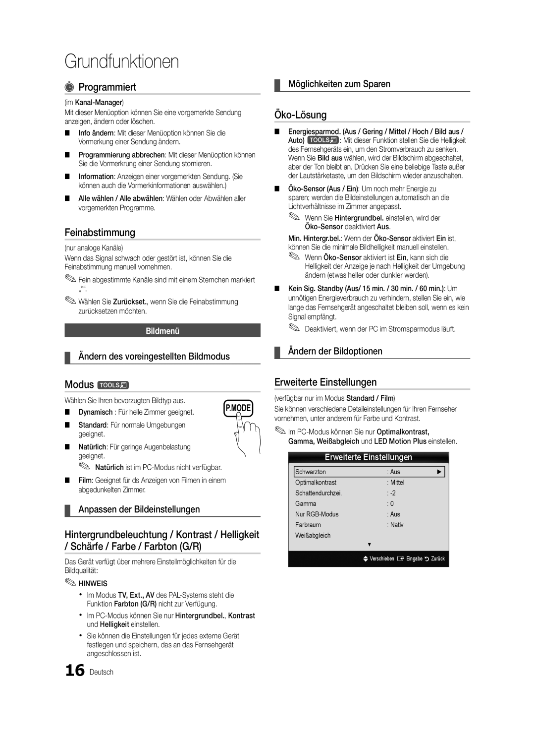 Samsung UE46C5700QSXZG, UE37C5700QSXZG manual Programmiert, Feinabstimmung, Öko-Lösung, Modus t, Erweiterte Einstellungen 