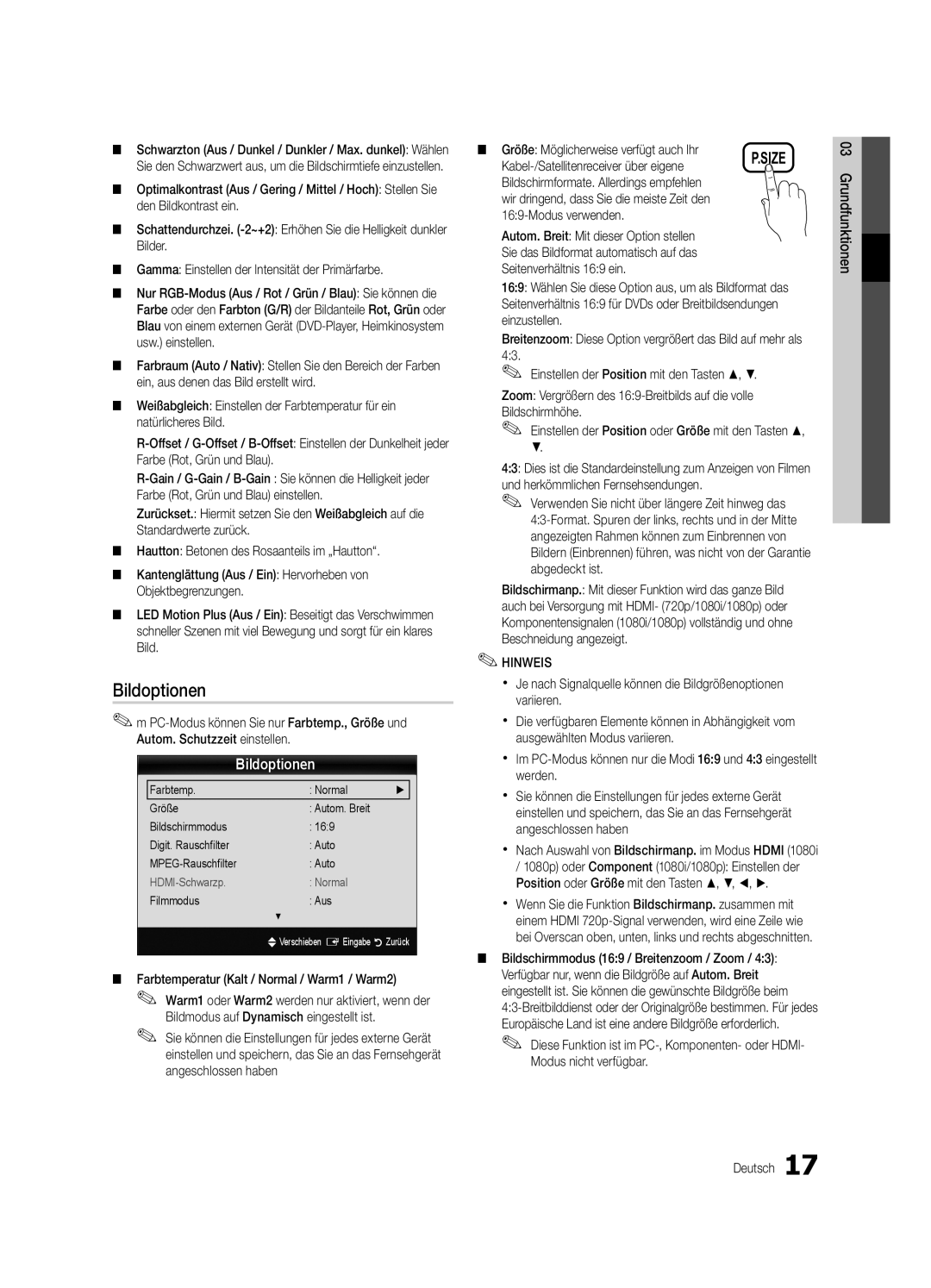 Samsung UE46C5800QKXXU, UE37C5700QSXZG, UE32C5700QSXZG, UE40C5700QSXZG, UE46C5700QSXZG manual Bildoptionen 