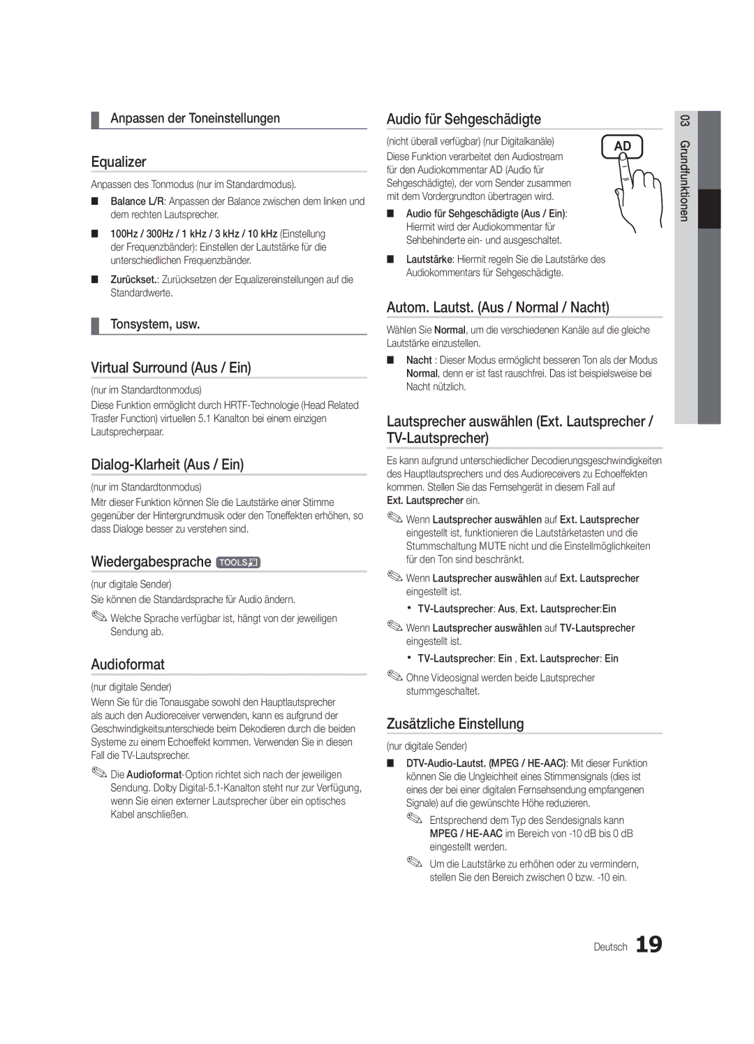 Samsung UE32C5700QSXZG manual Virtual Surround Aus / Ein, Dialog-Klarheit Aus / Ein, Wiedergabesprache t, Audioformat 