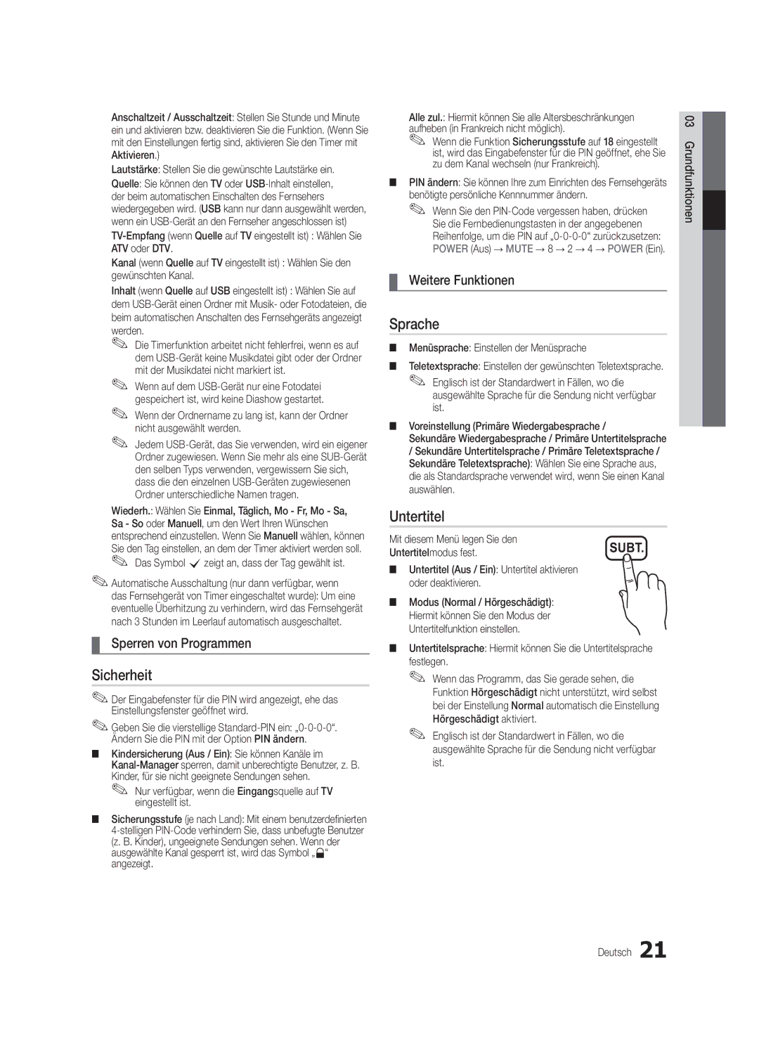 Samsung UE46C5700QSXZG, UE37C5700QSXZG, UE32C5700QSXZG manual Sicherheit, Sprache, Untertitel, Sperren von Programmen 