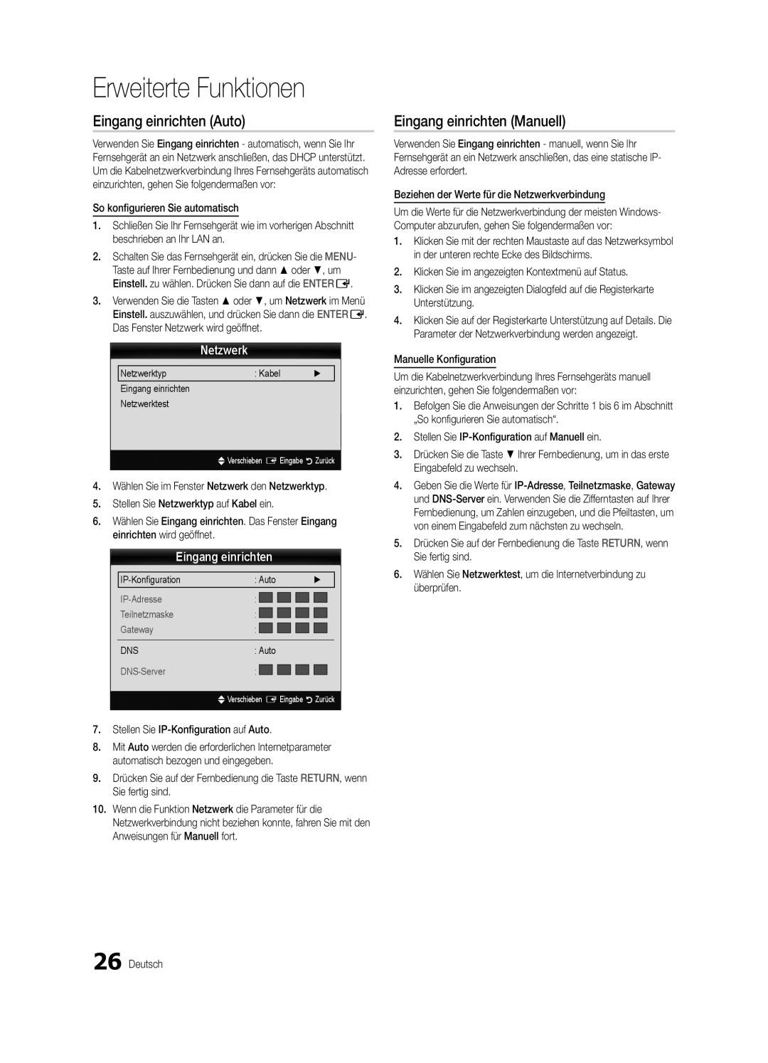 Samsung UE46C5700QSXZG, UE37C5700QSXZG, UE32C5700QSXZG manual Eingang einrichten Auto, Eingang einrichten Manuell, Netzwerk 