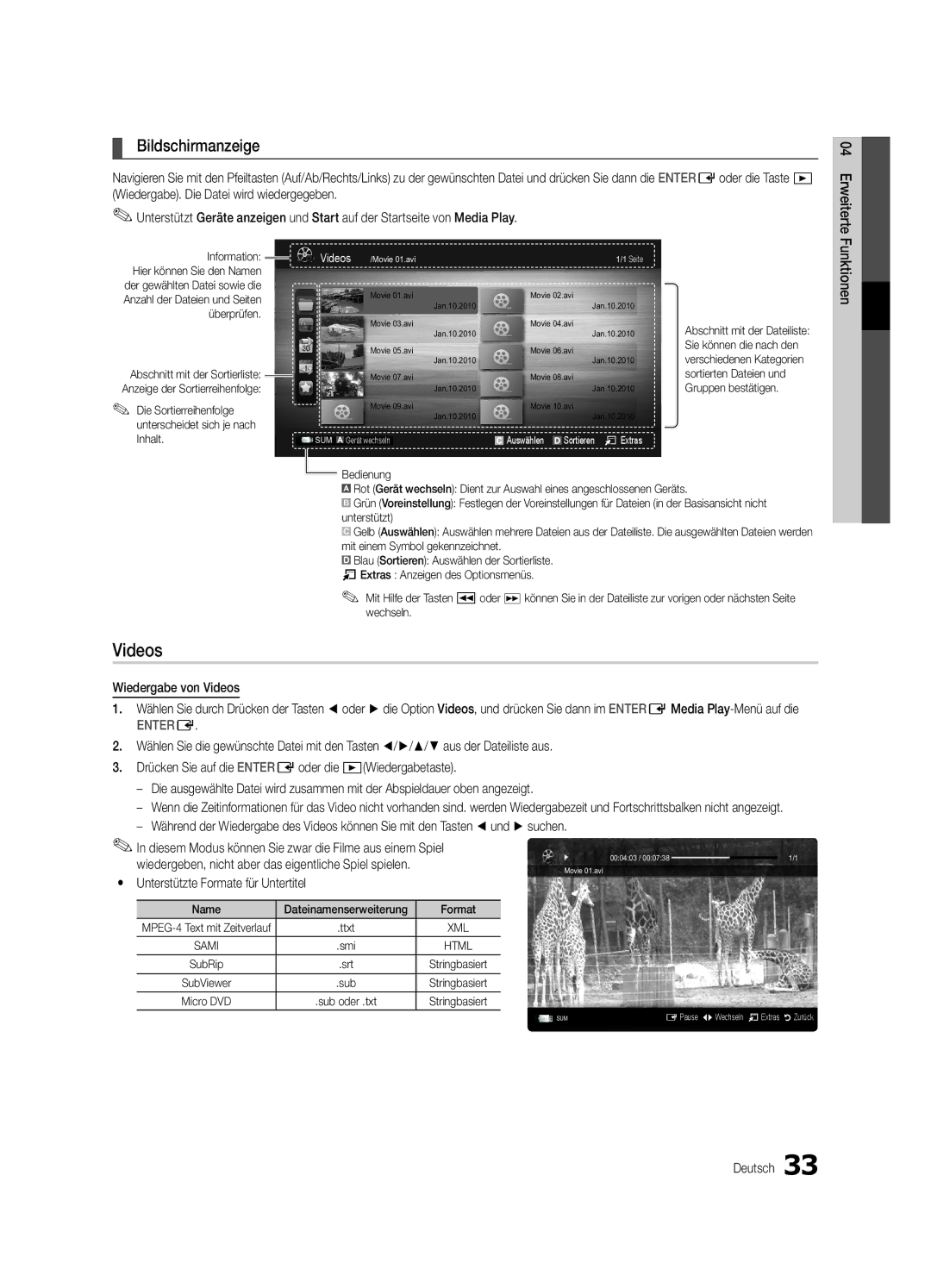 Samsung UE37C5700QSXZG Bildschirmanzeige, Wiedergabe von Videos, Die Sortierreihenfolge unterscheidet sich je nach Inhalt 