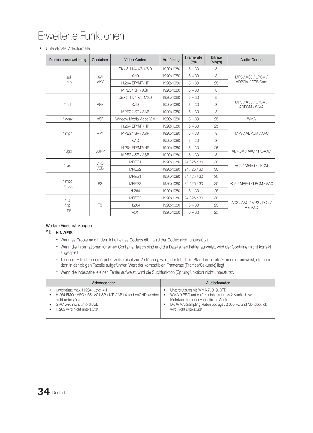 Samsung UE32C5700QSXZG, UE37C5700QSXZG manual Yy Unterstützte Videoformate, Weitere Einschränkungen, Wird nicht unterstützt 