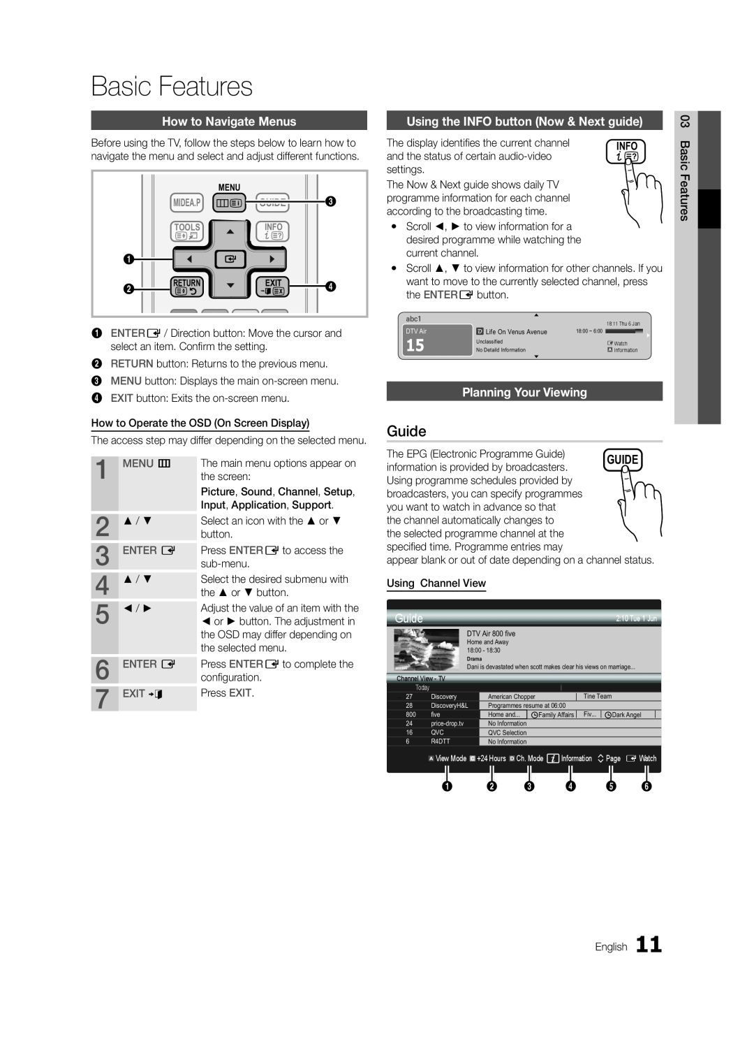 Samsung UE32C5700QSXZG manual Basic Features, Guide, How to Navigate Menus, Using the INFO button Now & Next guide, MENU m 
